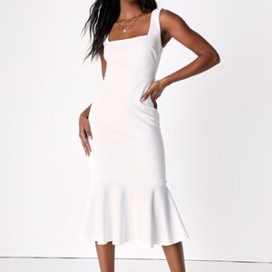 Lulus Moment Maker White Square Neck Trumpet Midi Dress - Size M
